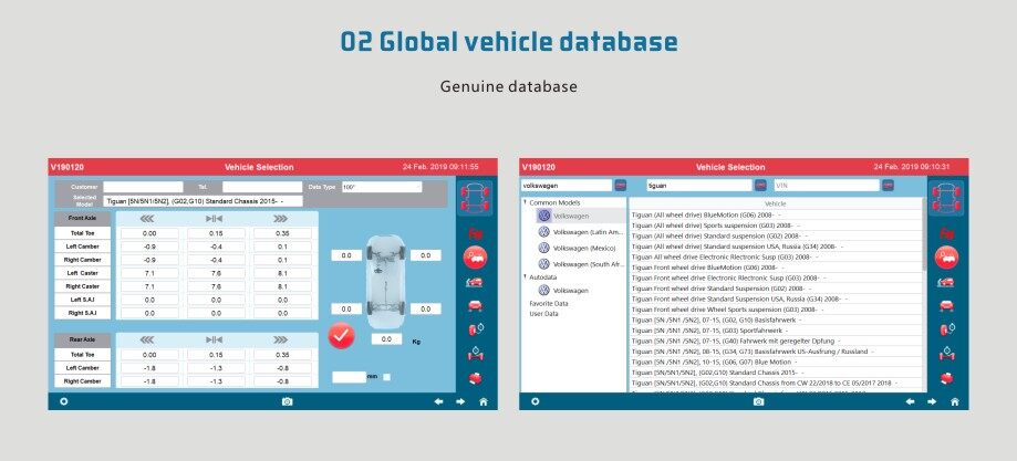 Global vehicle database of 3d car wheel aligner